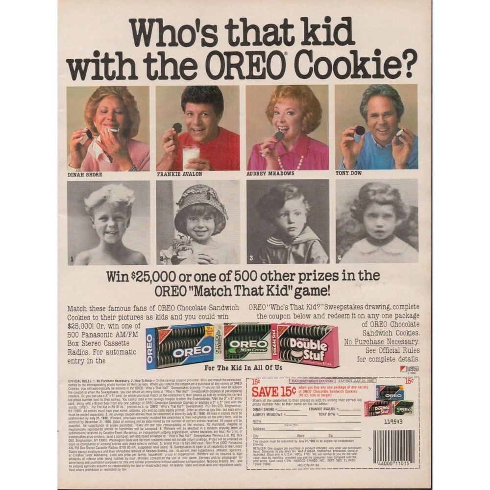 Oreo Who's That‎ Kid Match That Kid Sweepstakes Vintage Magazine Print Ad 1986